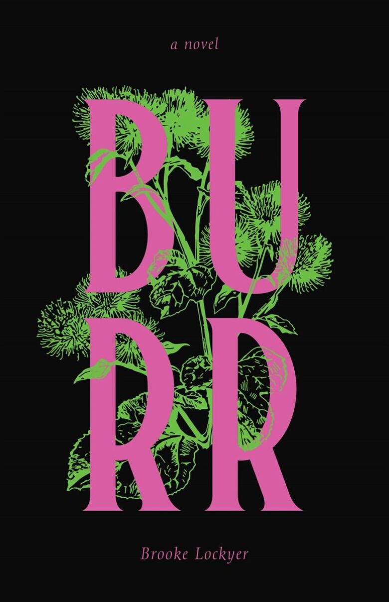 A black book cover with pink text and illustrated green burrs.