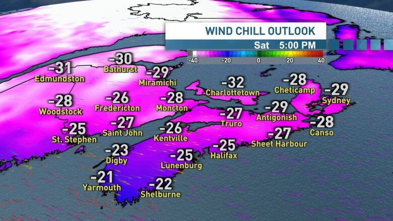 A map of Nova Scotia shows the expected temperatures in Nova Scotia with the wind chill for 5 p.m. AT Saturday.