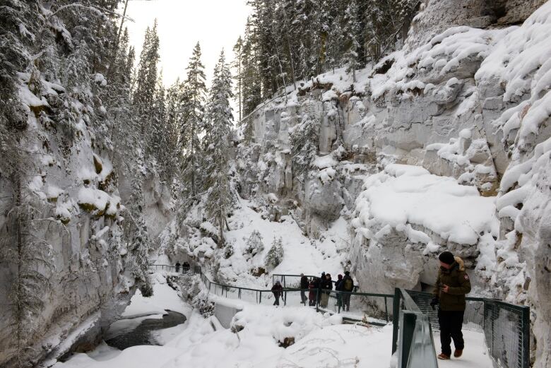 People walk amid a snow-swept scene.