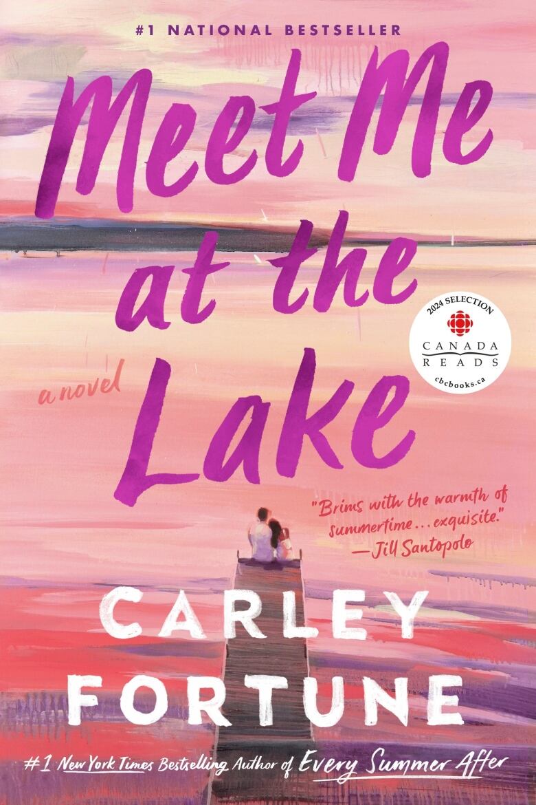 A pink and purple book cover featuring an illustration of a lakeside dock.