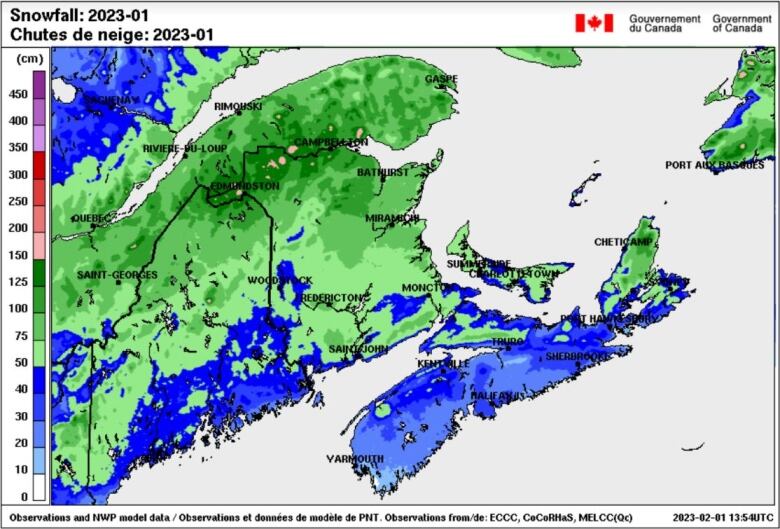 Snowfall was much lower than normal across Nova Scotia in January, but near normal across New Brunswick. 