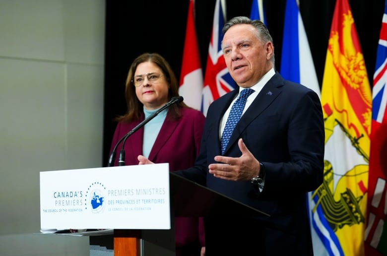 Quebec Premier Francois Legault and Manitoba Premier Heather Stefanson hold a press conference on health care as Canada's premiers meet in Ottawa on Tuesday, Feb. 7, 2023.