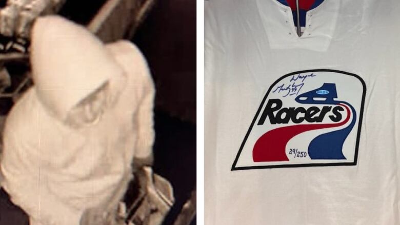 A man in white and an autographed jersey featuring the logo of 'Racers.'