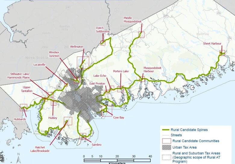 A map of HRM shows the communities on interest in red lettering connected by thick green lines tracing existing roads to show the spines.