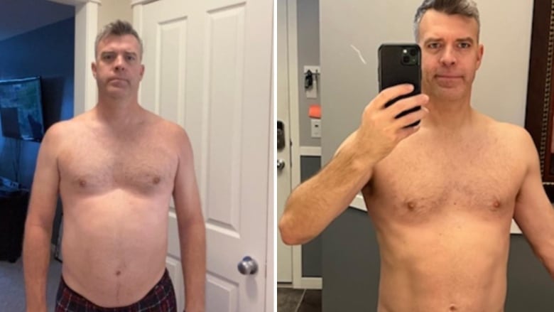 The photo shows before and after images of a middle-aged white man. On the left, Crockett stands shirtless with a round belly. On the right, he has a more toned mid-section. 