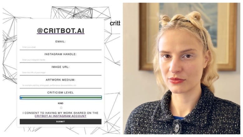 Photo collage. At left, a screenshot of the Critbot.ai homepage, a black and white design that puts a text form front and centre. Fields include: email, Instagram handle, image url, artwork medium, criticism level. At right, a medium closeup of the artist Hannah Epstein, a woman with blonde wavy hair worn long at the back with two spacebuns. She looks at the camera with a slightly smirking expression. A gold frame hangs on the wall behind her, surrounding her head like a rectangular halo.