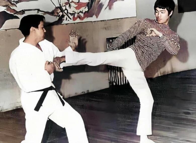 A man wearing a martial arts robe, with a black belt, defends a kick from another man, who is wearing a striped shirt and white pants.