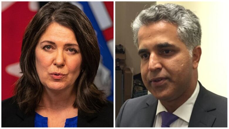 Head shots of Alberta Premier Danielle Smith on the left and NDP justice critic Irfan Sabir on the right.