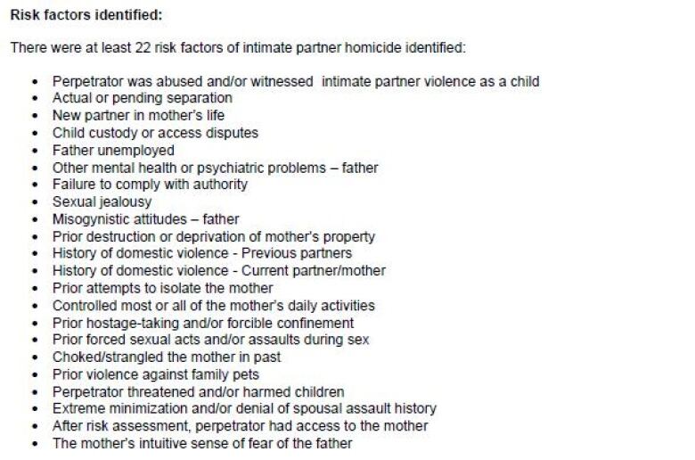 A report by the province's Domestic Violence Death Review identified 22 risk factors of intimate partner homicide factors it says are consistent with cases 