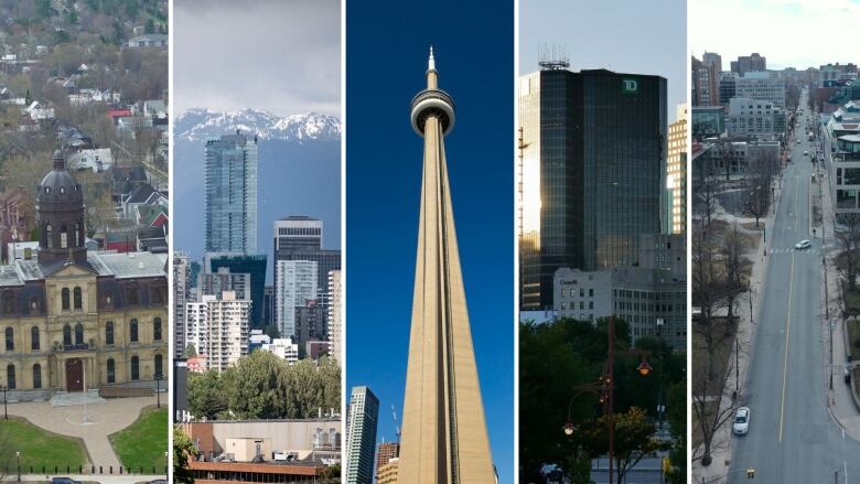 A composite featuring the skylines of Fredericton, Vancouver, Toronto, Winnipeg and Halifax.