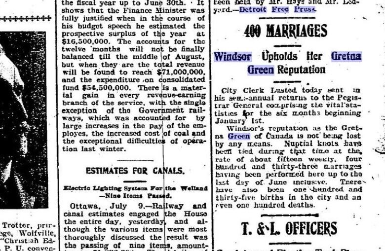 An article clipping with the headline '400 marriages. Windsor upholds her Gretna Green Reputation.'