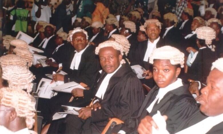 A group of people wearing white wigs and lawyer robes sit in auditorium. 