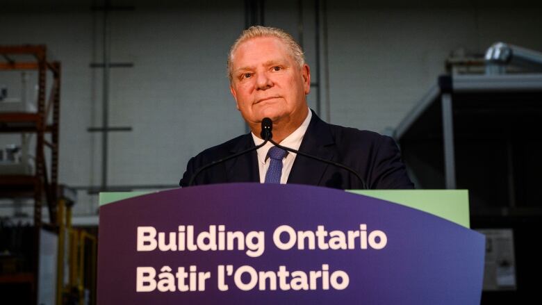 Ontario Premier Doug Ford makes an announcement at a Magna International production facility, in Brampton, Ont., on Feb. 15.