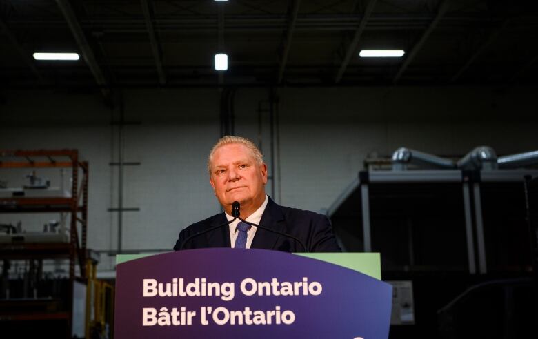 Ontario Premier Doug Ford makes an announcement at a Magna International production facility, in Brampton, Ont., on Feb. 15.