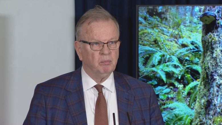 A man wearing glasses stands at a podium in a suit flanked by a picture of a tree in the rainforest.