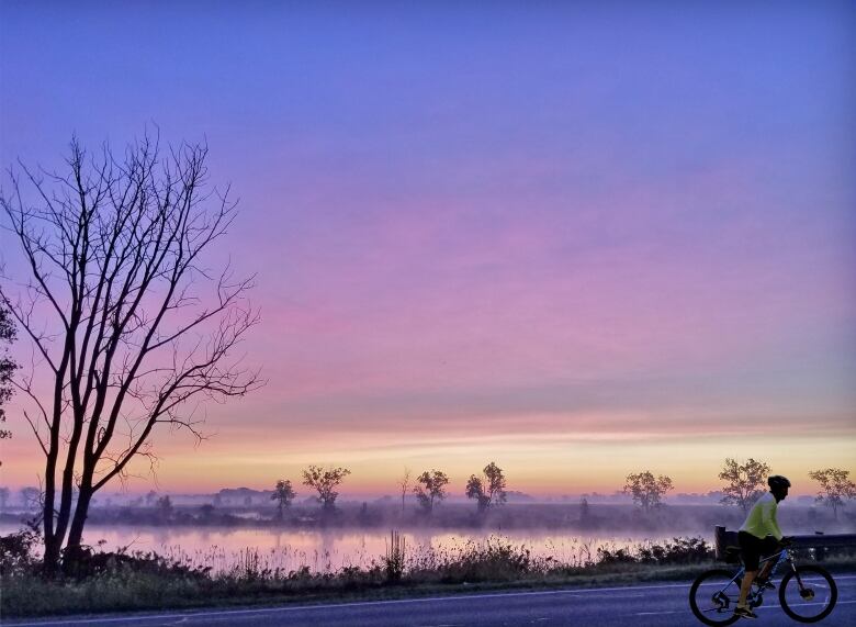 A man rides a bike on the road, with a body of water and some trees and grass behind him.