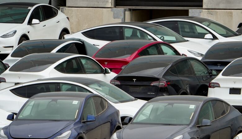 Tesla cars are seen in a lot at an automotive manufacturing facility in Austin, Texas.