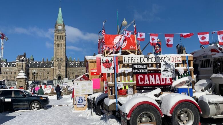 Protesters and trucks with signs and Canada flags outside a legislature on a snowy day.