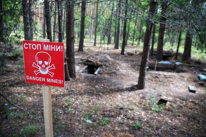 A sign in Ukraine reading 'Danger: Mines!