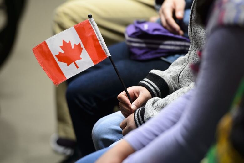 A small Canadian flag is held by someone sitting among a row of people.