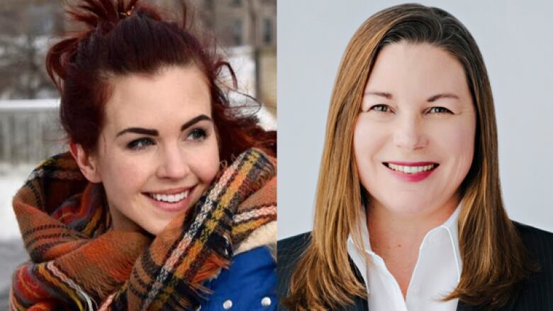 Two portraits of women - woman on left is smiling and looking left, woman on right is smiling at camera