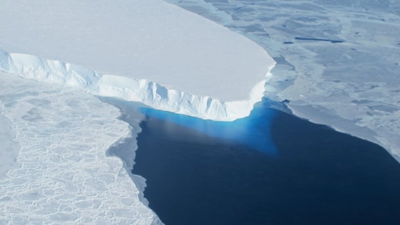 A large glacier sits in a blue sea.