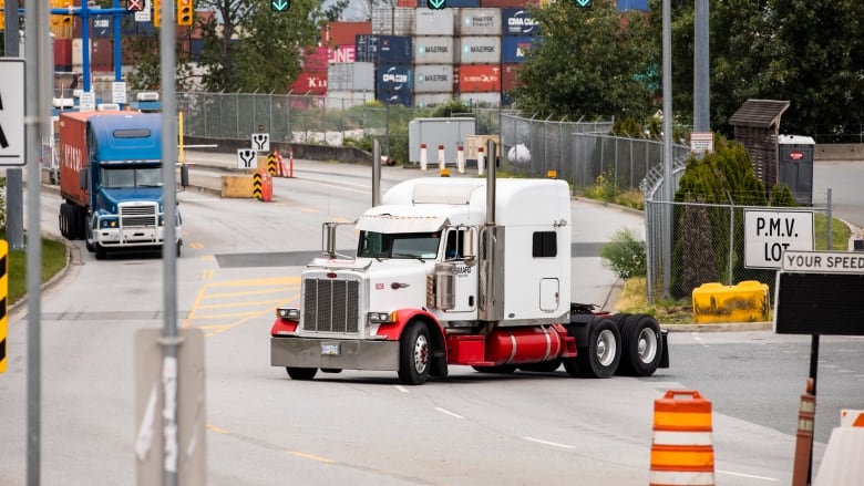 Container transport trucks are seen parked on a road.