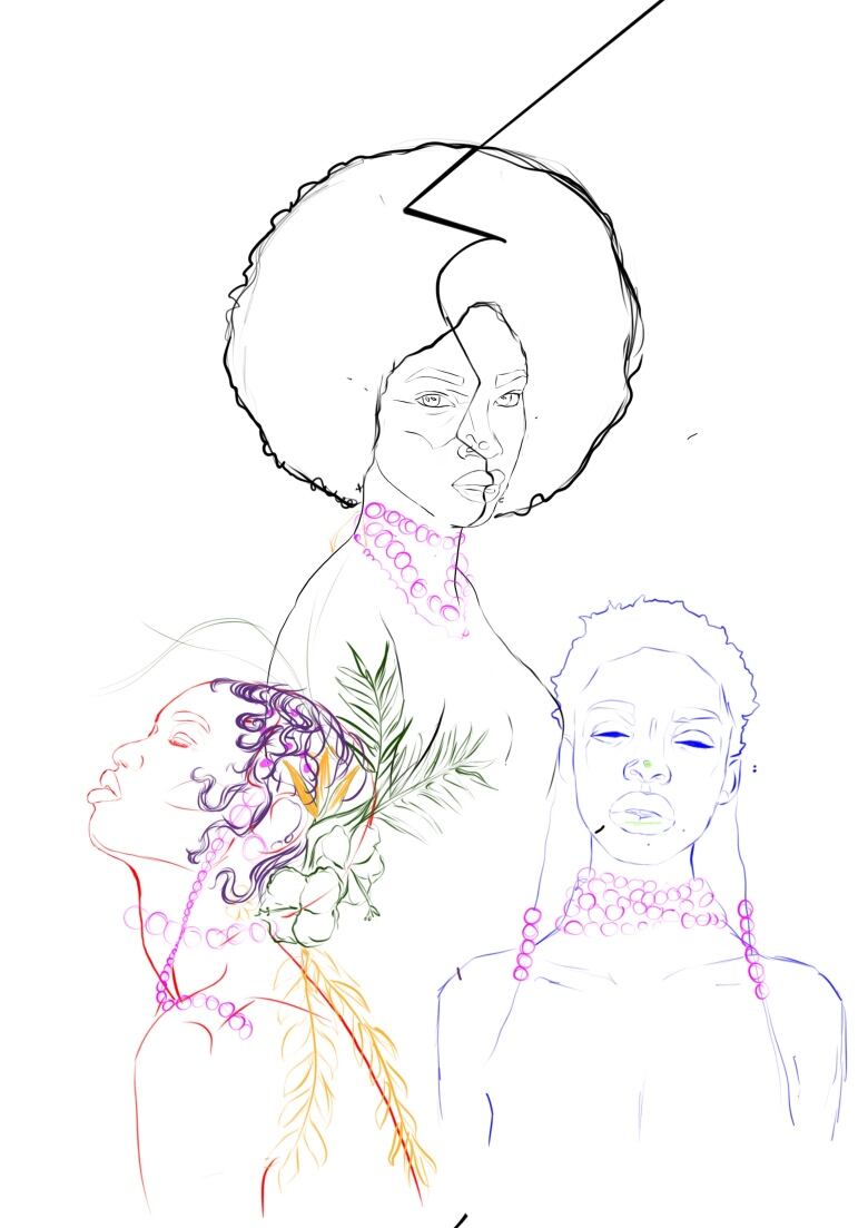 A sketch of three Black women in different colours.