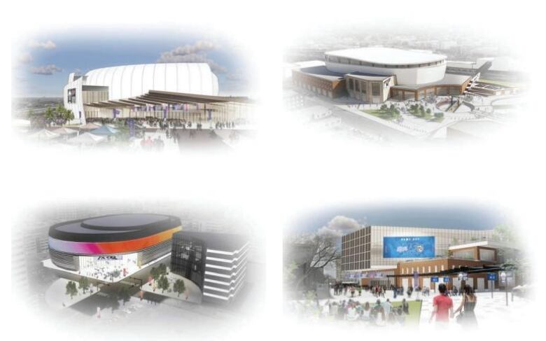 Four different examples of a multi-purpose event centre as rendered by an artist. 