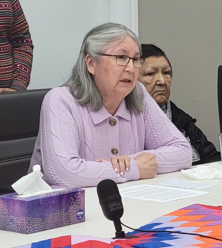 A woman in a light purple sweater talks to those in attendance at a media conference