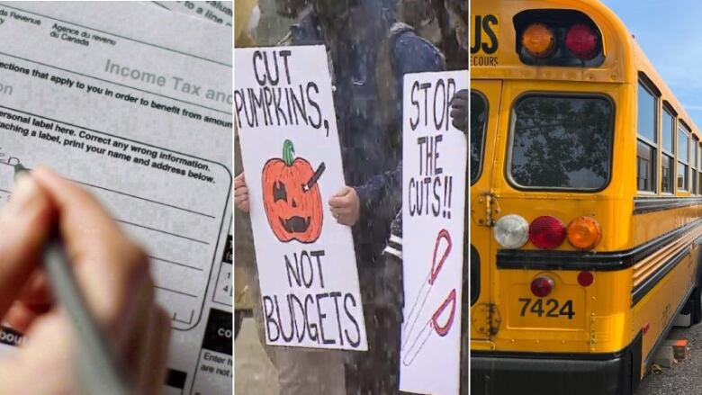 Three images in a collage depicting someone filling out a tax form, students protesting tuition hikes and a school bus parked outdoors.