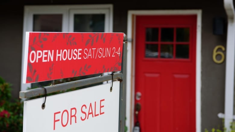 A for sale sign sits in front of a home.