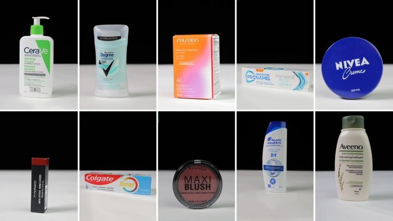 Product shots of CeraVe, Degree deodorant, Shiseido sunscreen, Sensodyne toothpaste, Nivea Creme, Mac lipstick, colgate toothpaste, Rimmel blush, Head and Shoulders shampoo and Aveeno lotion.