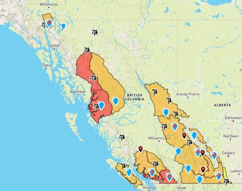 A map showing avalanche danger in British Columbia.