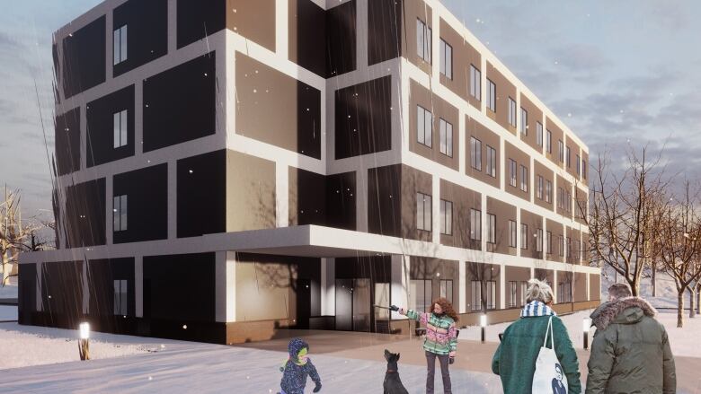 A rendering of a large building with some people outside.