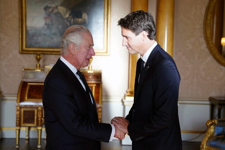 King Charles and Prime Minister Justin Trudeau are pictured at Buckingham Palace in London. 