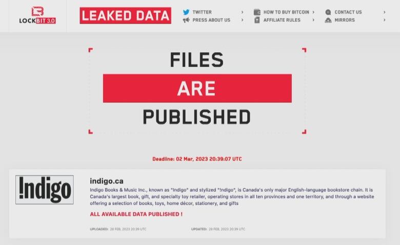 A screenshot of a web page shows LockBit 3.0 logos, the Indigo Books logo, and 