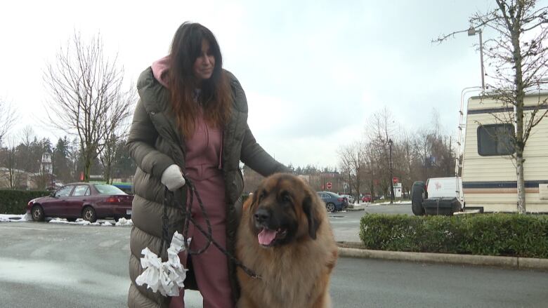 A woman stands with a big brown dog