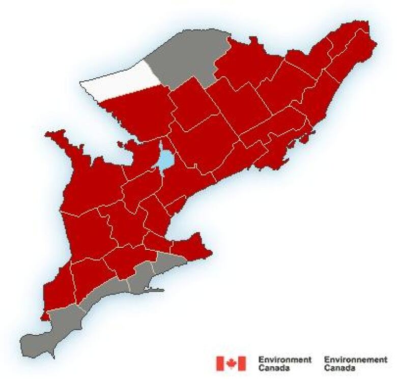 A colour-coded map of southern Ontario is mostly red.