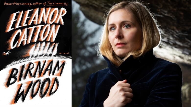 A black, white and orange book cover with stylized text and the book's author, a blond woman wearing a navy coat looking off into the distance.