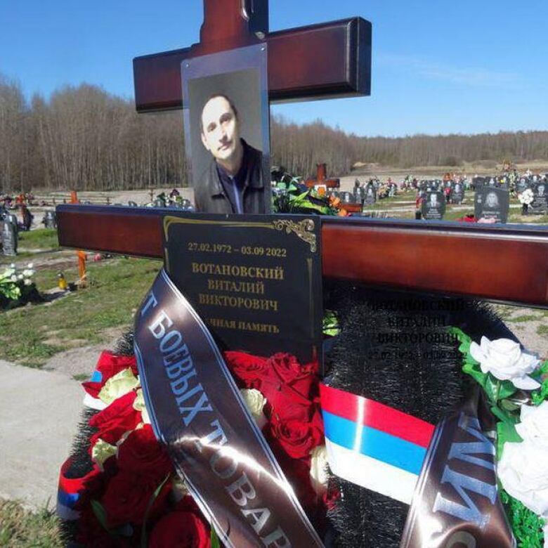 Vitaly  Votanovsky received this image with his picture and name on a grave at a cemetery. He has received death threats for posting videos to social media of crowded burial grounds filled with Russian fighters killed in Ukraine. 