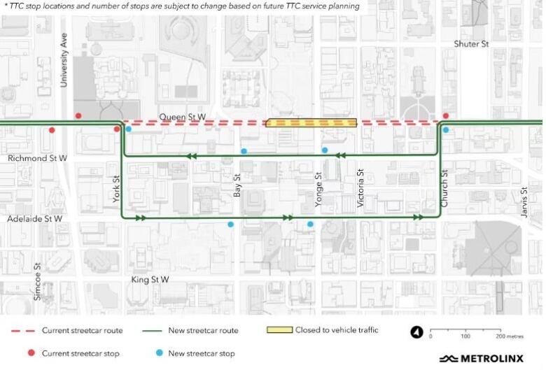 A map shows how the Queen street car will be diverted.