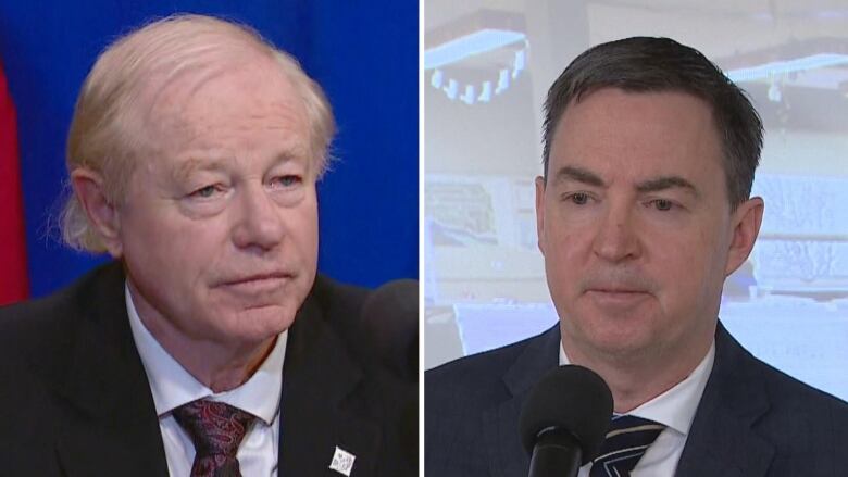 On the left, a middle aged man with thin blonde hair wears a suit and tie while sitting behind a microphone. On the right, the health minister, a middle aged man with short dark hair, stands during a presentation while wearing a dark blue suit. 