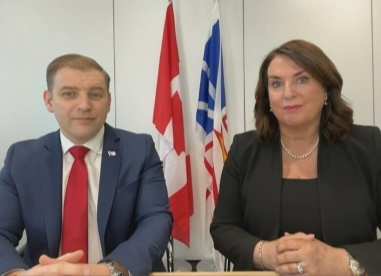 Two people sit side by side with their hands folded. On the wall behind them hangs a Canadian flag and a Newfoundland and Labrador flag.