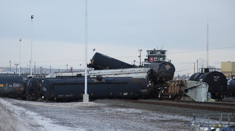 Several derailed cars are pictured in CP's Alyth rail yard following a derailment in Jan. 2019.