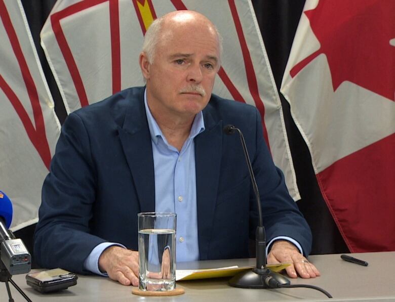 A person sits at a desk with a microphone. Newfoundland and Labrador and Canada flag hang in front of the wall behind him. 