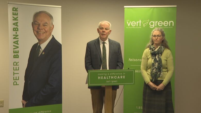 Green Party Leader Peter Bevan-Baker, flanked by candidate Lana Beth Barkhouse, unveils the party's health-care plan on Tuesday.