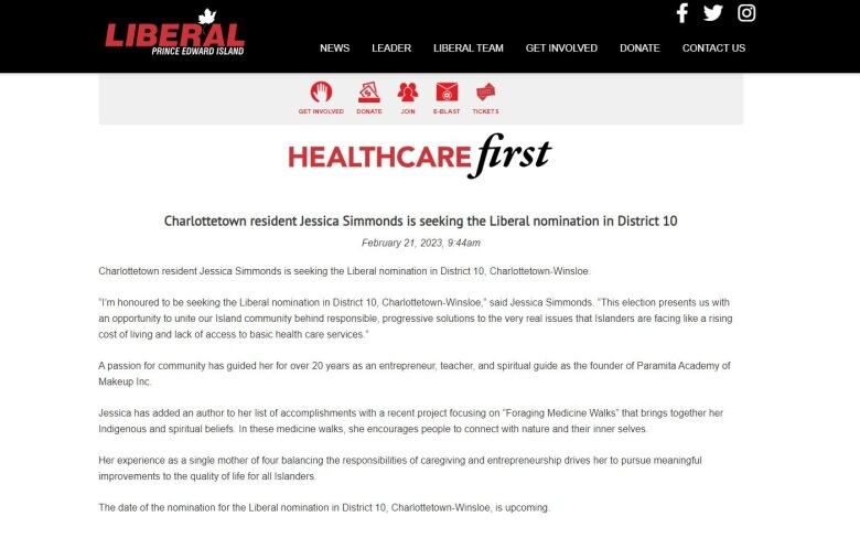 A screenshot of the Liberal Party website which shows Jessica Simmonds' intent to run as the party candidate.