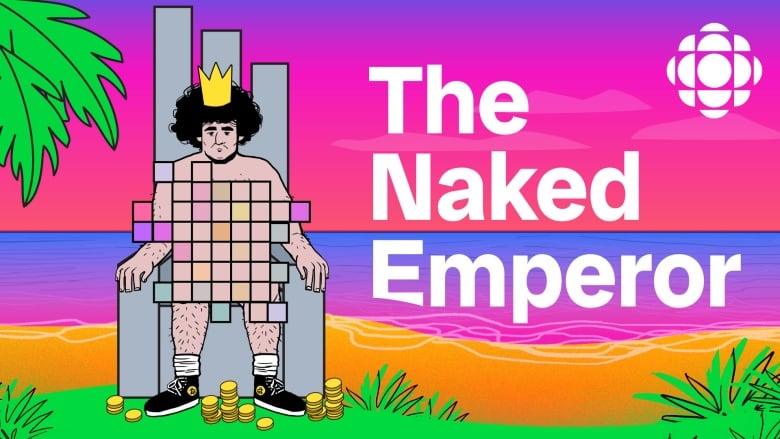 The art for The Naked Emperor. An animated Sam Bankman-Fried sits atop a chair with a pixelated body with a tropical backdrop. There are coins by his feet.