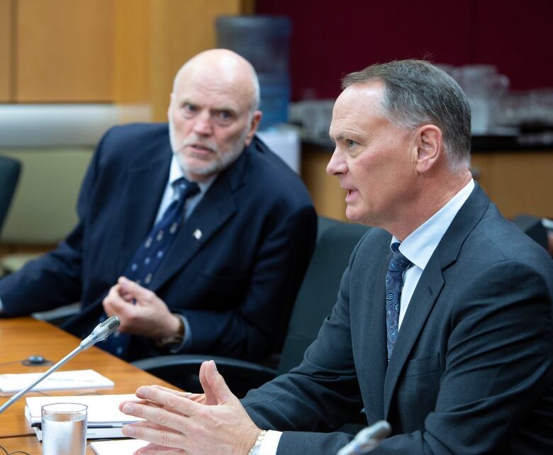 Senator Vern White, left, speaks with David McGunity, chair of the National Security and Intelligence Committee of Parliamentarians, as they prepare to appear before the Senate National Security Committee in Ottawa on Monday June 10, 2019.